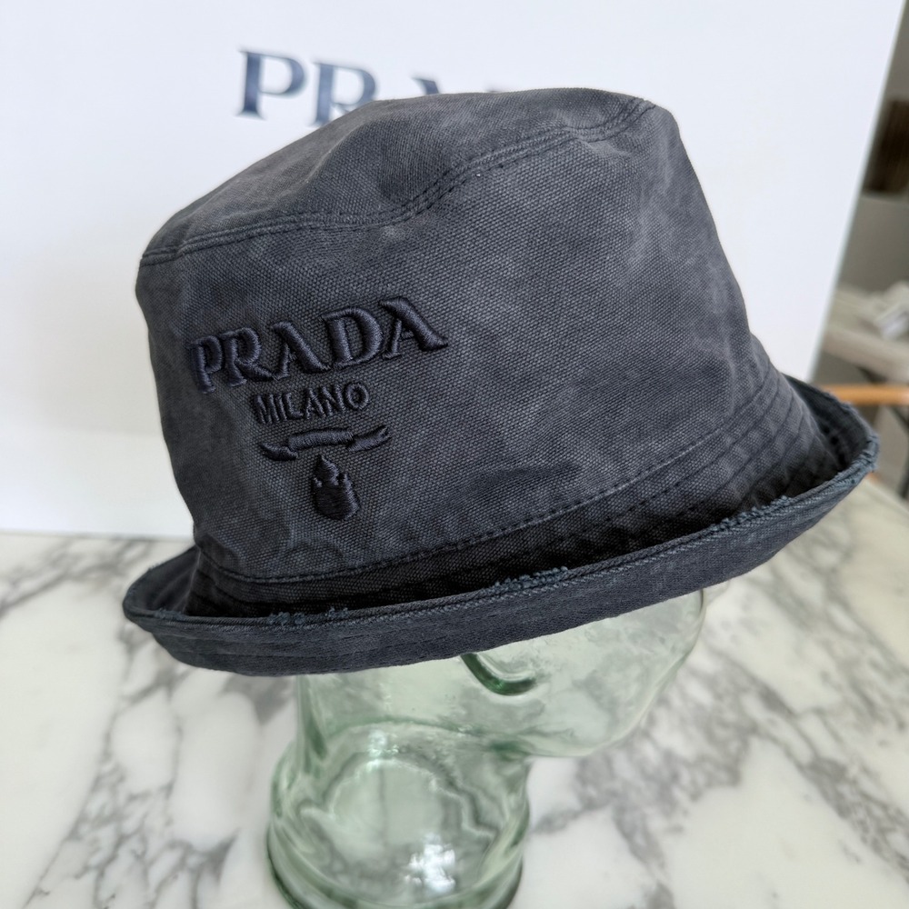 Prada 1HC137 Black Cotton bucket hat embroidered black stitch logo, Size MED